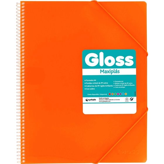 Carpeta Fundas Espiral Gomas GRAFOPLAS Maxiplas Gloss A4 40 Hojas Color Naranja