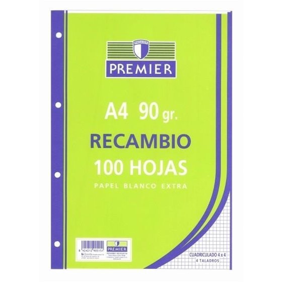 Recambio TAURO Premier A4 100 Hojas 90 g. 4T Modelo Pauta 2.5 mm.