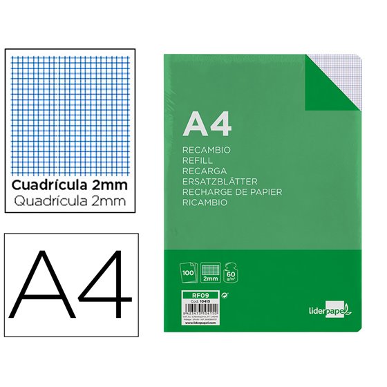 Recambio Liderpapel A4 100 Hojas 60G/M2 Milimetrado Sin Margen 4 Taladros