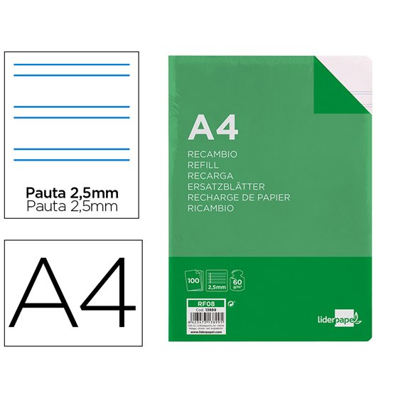 Recambio Liderpapel A4 100 Hojas 60G/M2 Pauta 5� 2.5Mm Con Margen 4 Taladros