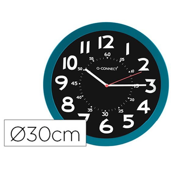 Reloj Q-Connect De Pared Plastico Oficina Redondo 30 Cm Color Azul Y Esfera Color Negro