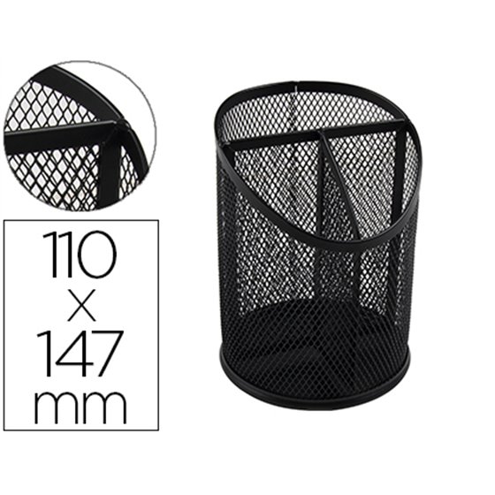 Cubilete Portalapices Q-Connect Negro Metal Redondo Rejilla Con 3 Compartimentos Diametro 110 Mm Alto 147 Mm