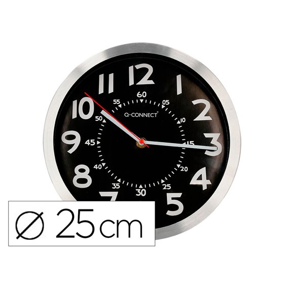 Reloj Q-Connect De Pared Metalico Redondo 25 Cm Movimiento Silencioso Color Negro Con Esfera Cromado