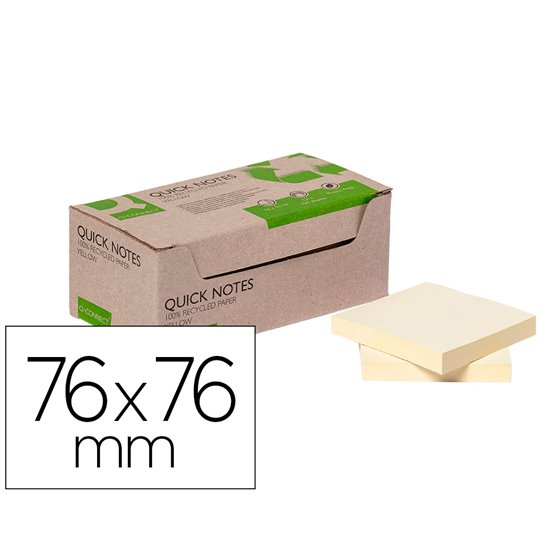Bloc De Notas Adhesivas Quita Y Pon Q-Connect 76X76 Mm 100% Papel Reciclado Amarillo En Caja De Carton
