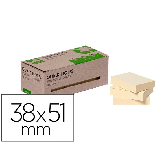 Bloc De Notas Adhesivas Quita Y Pon Q-Connect 38X51 Mm 100% Papel Reciclado Amarillo En Caja De Carton