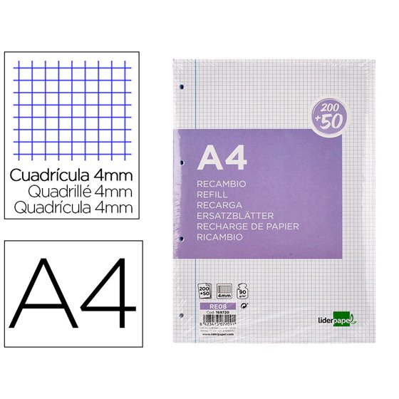Recambio Liderpapel A4 200+50 Hojas 90G/M2 Cuadro 4 Mm Con Margen 4 Taladros