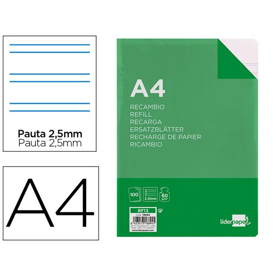 Recambio Liderpapel Folio 100 Hojas 60G/M2 Pauta 5� 2.5Mm Con Margen 16 Taladros