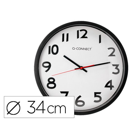 Reloj Q-Connect De Pared Plastico Oficina Redondo 34 Cm Marco Negro