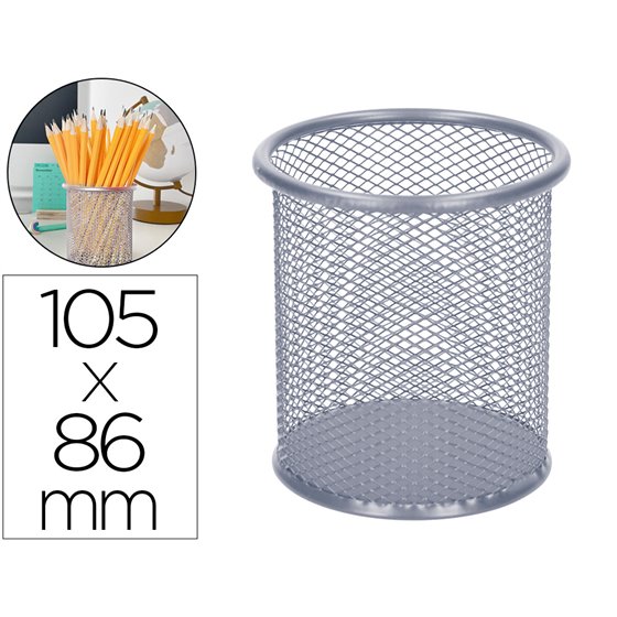 Cubilete Portalapices Q-Connect Plata Metal Redondo Rejilla Diametro 86 Mm Alto 105 Mm