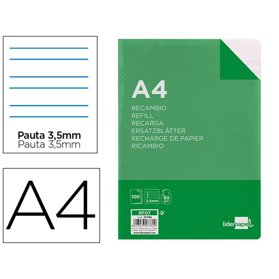 Recambio Liderpapel A4 100 Hojas 60G/M2Pauta 4� 3.5Mm Con Margen 4 Taladros
