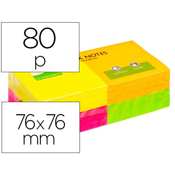 Bloc De Notas Adhesivas Quita Y Pon Q-Connect 76X76 Mm Con 80 Hojas Fluorescentes Pack De 12 Surtidas En 4 Colores