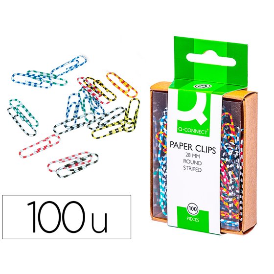 Clips Colores Rayados Q-Connect 28 Mm Caja De 100 Unidades Colores Surtidos