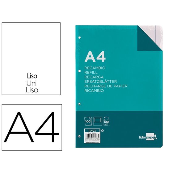Recambio Liderpapel A4 100 Hojas 100G/M2 Liso Con Margen 4 Taladros