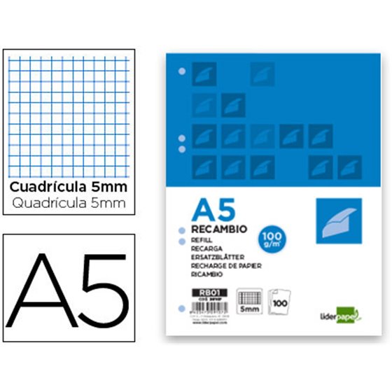 Recambio Liderpapel A5 100 H 100G/M2 Cuadro 5Mm Con Margen 6 Taladros