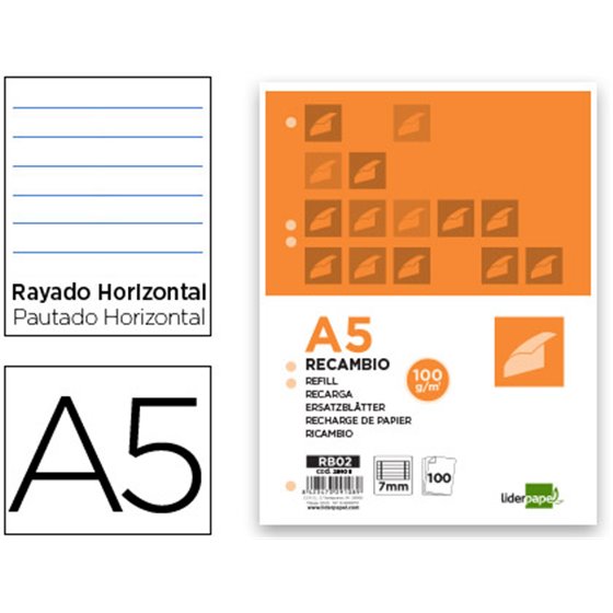 Recambio Liderpapel A5 100 H 100G/M2 Horizontal Con Margen 6 Taladros