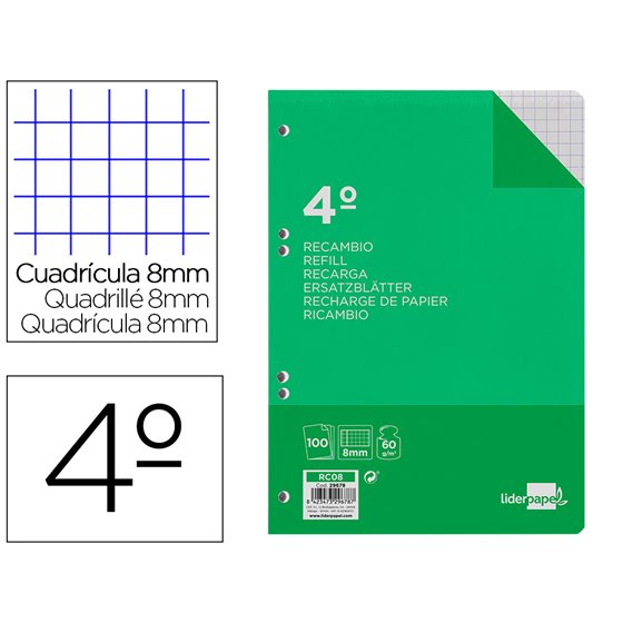 Recambio Liderpapel Cuarto 100 Hojas 60G/M2 Cuadro 8Mm Con Margen 6 Taladros