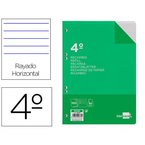Recambio Liderpapel Cuarto 100 Hojas 60G/M2 Horizontal Con Margen 6 Taladros