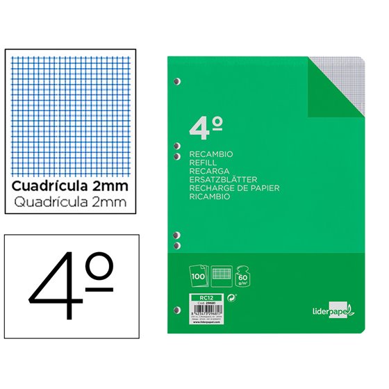 Recambio Liderpapel Cuarto 100 Hojas 60G/M2 Milimetrado Sin Margen 6 Taladros