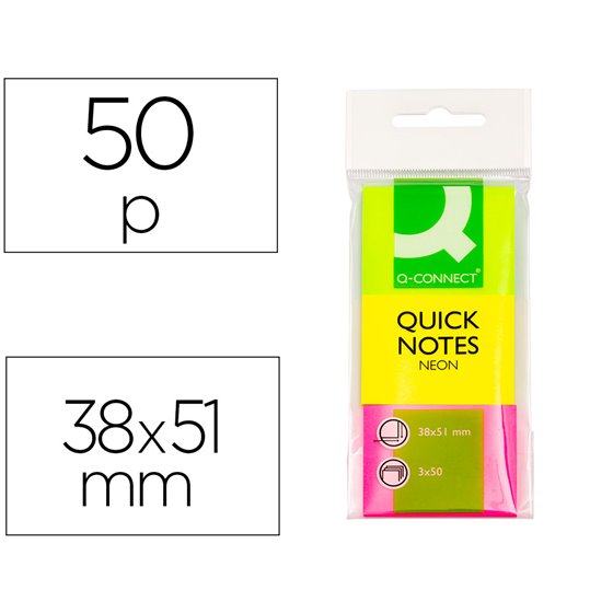 Bloc De Notas Adhesivas Quita Y Pon Q-Connect 38X51 Mm Neon Pack De 3 Unidades Con 50 Hojas Por Color