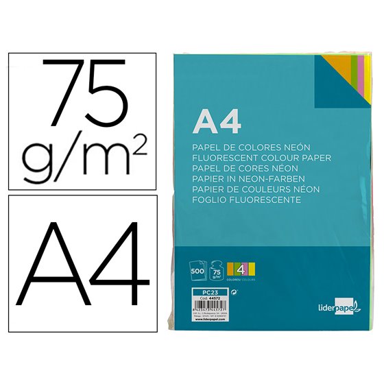 Papel Color Liderpapel A4 75Gr Neon 4 Colores Surtidos Paquete De 500 Hojas