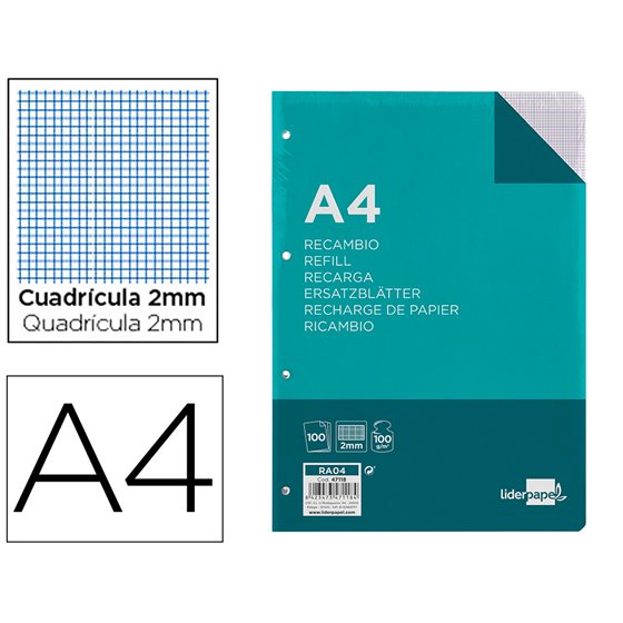 Recambio Liderpapel A4 100 Hojas 100G/M2 Cuadro 2Mm Con Margen 4 Taladros