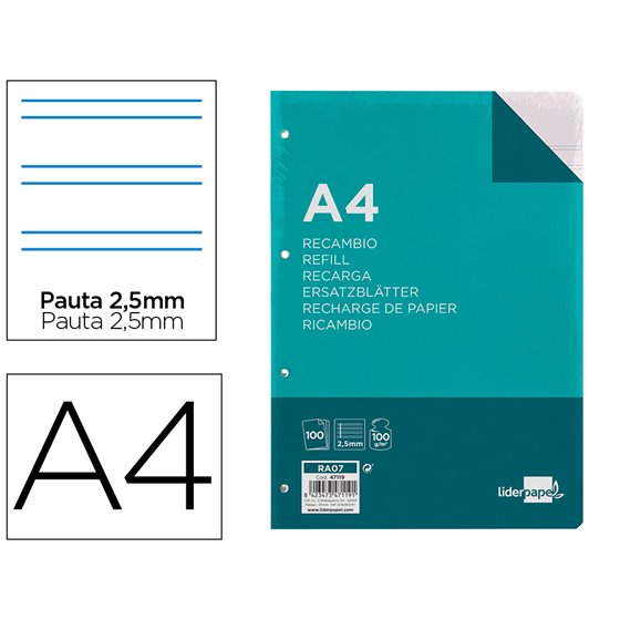 Recambio Liderpapel A4 100 Hojas 100G/M2 Pauta 5� 2.5Mm Con Margen 4 Taladros