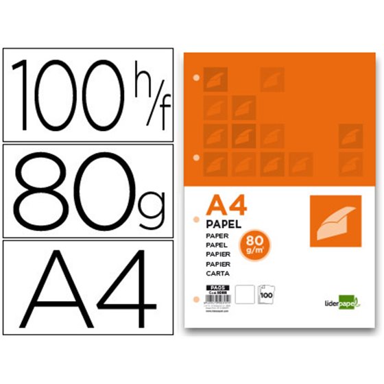 Papel Liderpapel A4 80G/M2 Liso 4 Taladros Paquete De 100 Hojas
