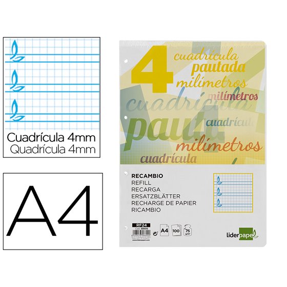 Recambio Liderpapel A4 Pautaguia 100 Hojas 75 G Cuadriculado Pautado 4 Mm Con Margen 4 Taladros