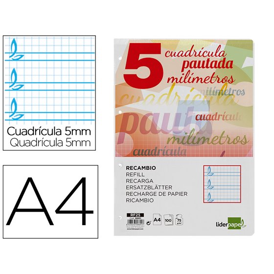 Recambio Liderpapel A4 Pautaguia 100 Hojas 75 G Cuadriculado Pautado 5 Mm Con Margen 4 Taladros