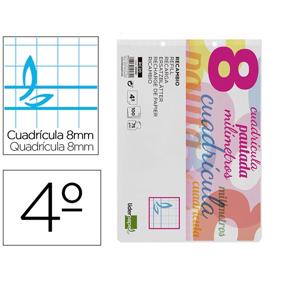 Recambio Liderpapel Cuarto Apaisado Pautaguia 100 Hojas 75 G Cuadriculado Pautado 8 Mm Con Margen 2 Taladros