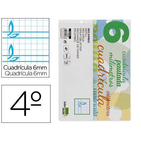 Recambio Liderpapel Cuarto Apaisado Pautaguia 100 Hojas 75 G Cuadriculado Pautado 6 Mm Con Margen 2 Taladros