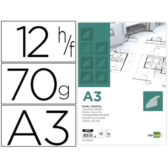 Papel Dibujo Liderpapel A3 297X420Mm 70G/M2 Vegetal Sobre De 12 Hojas