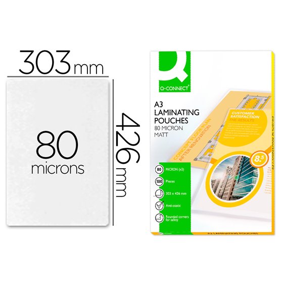 Bolsa De Plastificar Q-Connect 303 X 426 Mm 80 Mc Din A3 Mate Caja De 100 Unidades