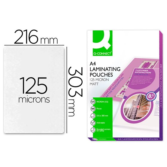 Bolsa De Plastificar Q-Connect 303 X 216 Mm 125 Mc Din A4 Mate Sin Reflejos Caja De 100 Unidades