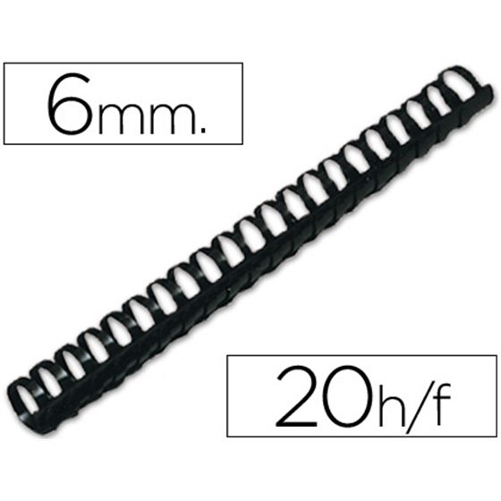 Canutillo Q-Connect Redondo 6 Mm Plastico Negro Capacidad 20 Hojas Caja De 100 Unidades