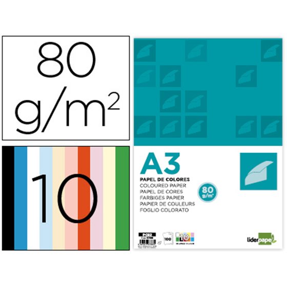 Papel Color Liderpapel A3 80Gr 10 Colores Surtidos Paquete 100 Hojas