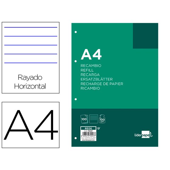 Recambio Liderpapel A4 100 Hojas 100 G/M2 Rayado Horizontal 4 Taladros Bandas De 5 Colores