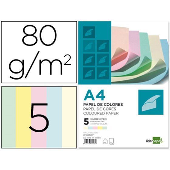 Papel Color Liderpapel A4 80Gr 5 Colores Surtidos Paquete De 500 Hojas