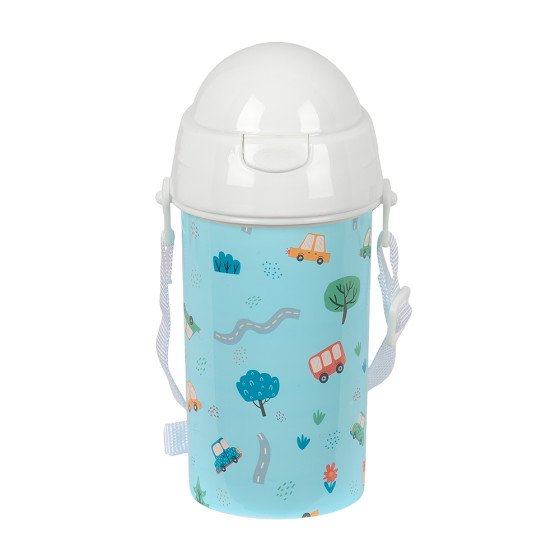 Botella 500Ml Apertura Automática Con Pajita Safta Preescolar "Coches" 