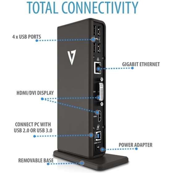 V7 - Docking Station UDDS-1E - Entrada USB 3.0 - Salidas 2xUSB 3.0 - 4xUSB 2.0 - HDMI - DVI - Gigabit Lan - Alimentación Externa
