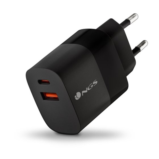 NGS Bud 45W Cargador Universal de Pared 45W Ultrarapido - 1x USB-C PD & PPS, 1x USB-A QC 3.0 - Color Negro