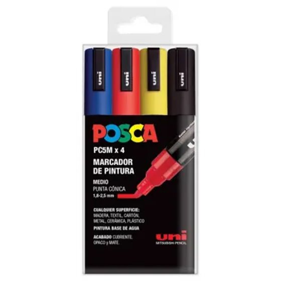 Rotulador POSCA Acrílico Base Agua PC-5M/4C Estuche De 4 Marcadores BASIC
