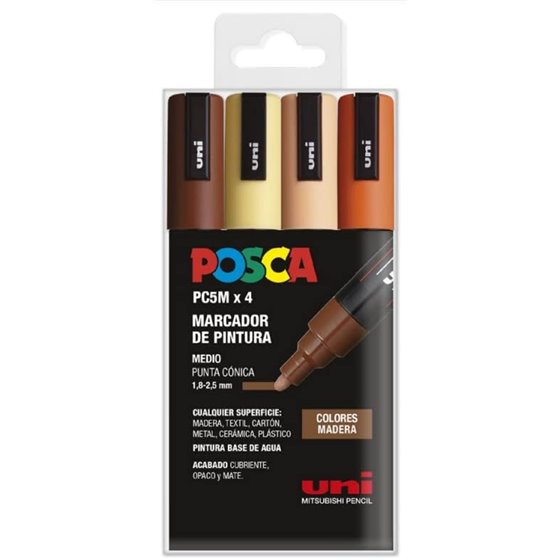 Rotulador POSCA Acrílico Base Agua PC-5M/4C Estuche De 4 Marcadores MADERA