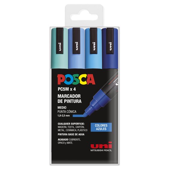 Rotulador POSCA Acrílico Base Agua PC-5M/4C Estuche De 4 Marcadores AZULES