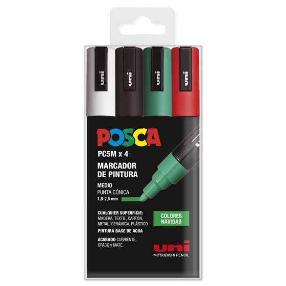 Rotulador POSCA Acrílico Base Agua PC-5M/4C Estuche De 4 Marcadores NAVIDAD