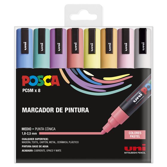 Rotulador POSCA Acrílico Base Agua PC-5M/8C Estuche De 8 Marcadores PASTEL