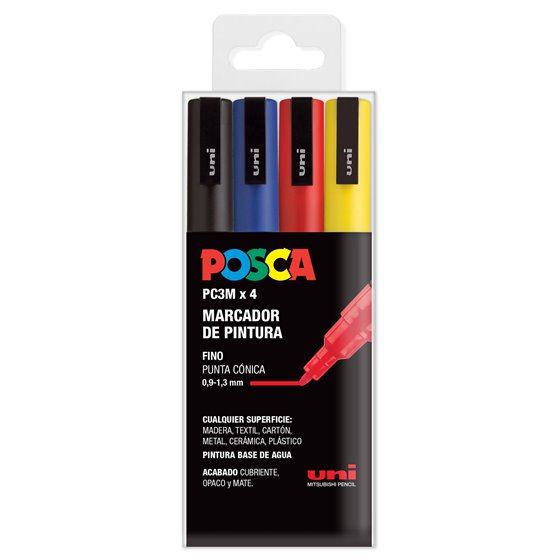 Rotulador POSCA Acrílico Base Agua PC-3M/4C Estuche De 4 Marcadores BASIC
