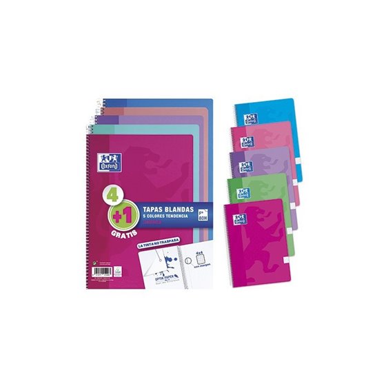 Cuaderno Espiral Oxford Tapa Blanda Folio 80 Hojas Cuadro 4 Mm Con Pizarra Blancapack 4+1 Colores Tendencia