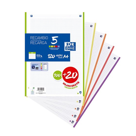 Recambio 5 Colores OXFORD A4 120 Hojas 90g. 4T Cuadrícula 4 mm. Colores Vivos
