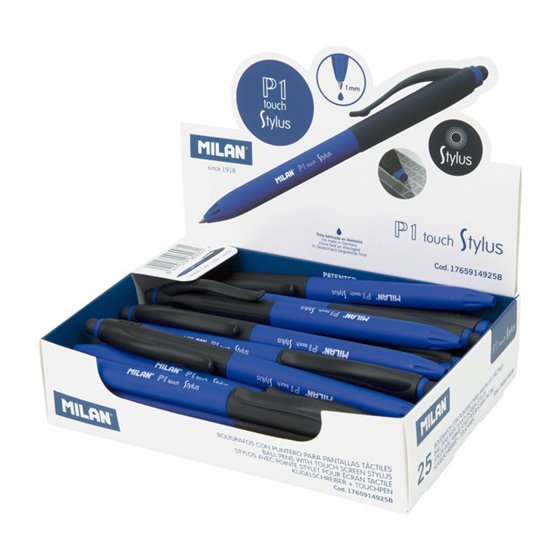 Caja Expositora 25 Bolígrafos MILAN P1 Touch Stylus Tinta Azul